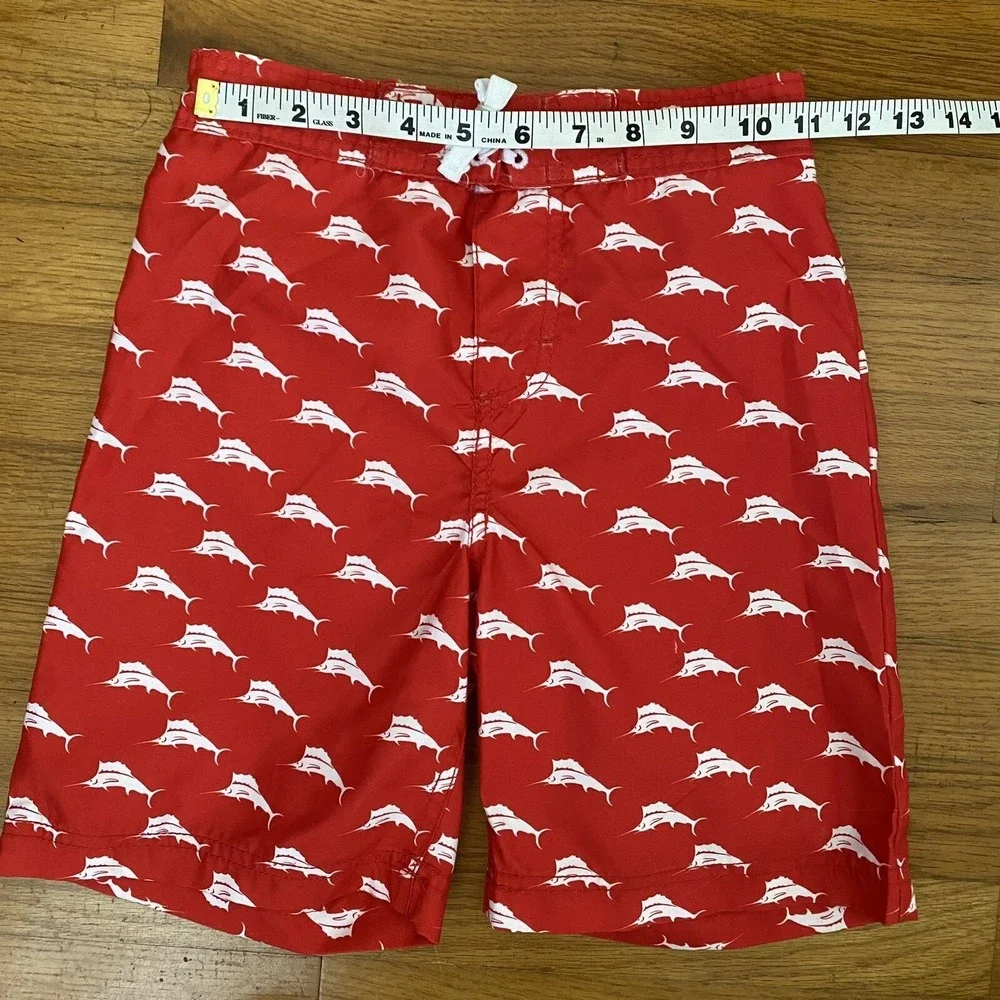 Tommy Bahama UPF 50 Swim Trunks Boys Youth size 6 Red White Marlin Drawstring